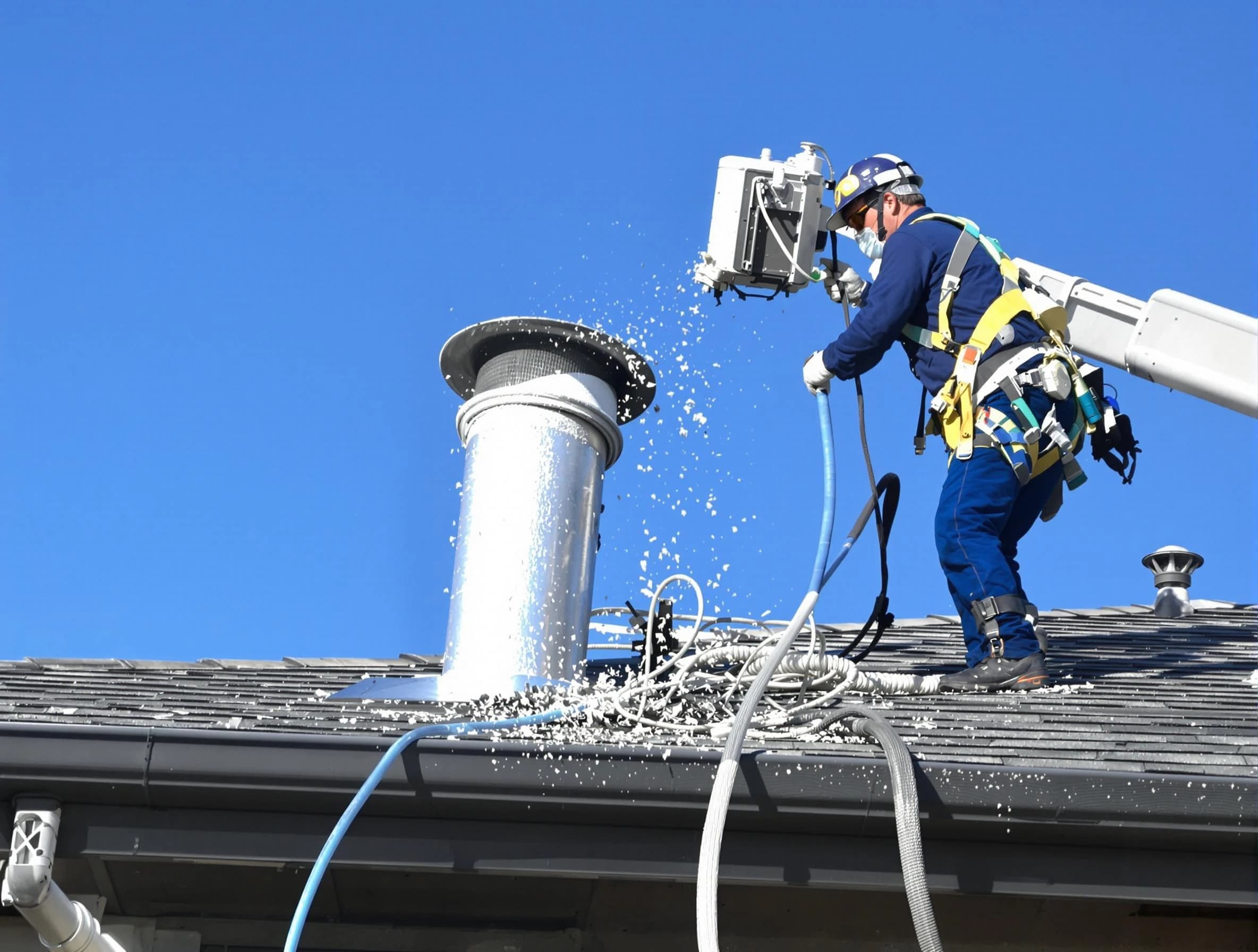 Fairview Dryer Vent Cleaning certified technician safely cleaning a roof-mounted dryer vent in Fairview