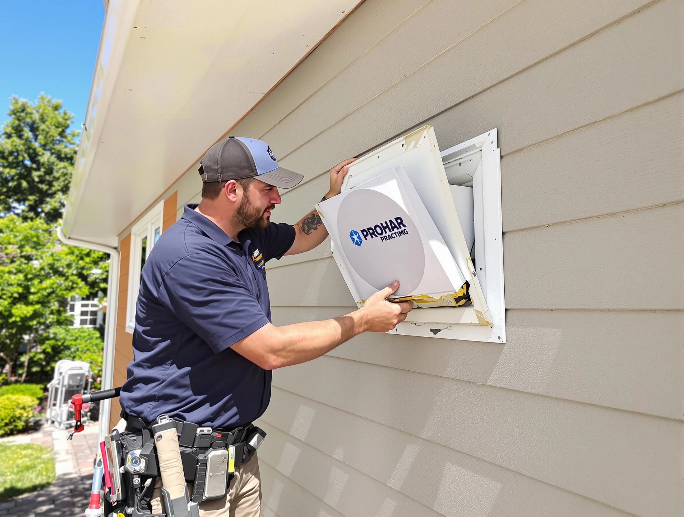Fairview Dryer Vent Cleaning technician installing a new protective dryer vent cover on a home in Fairview