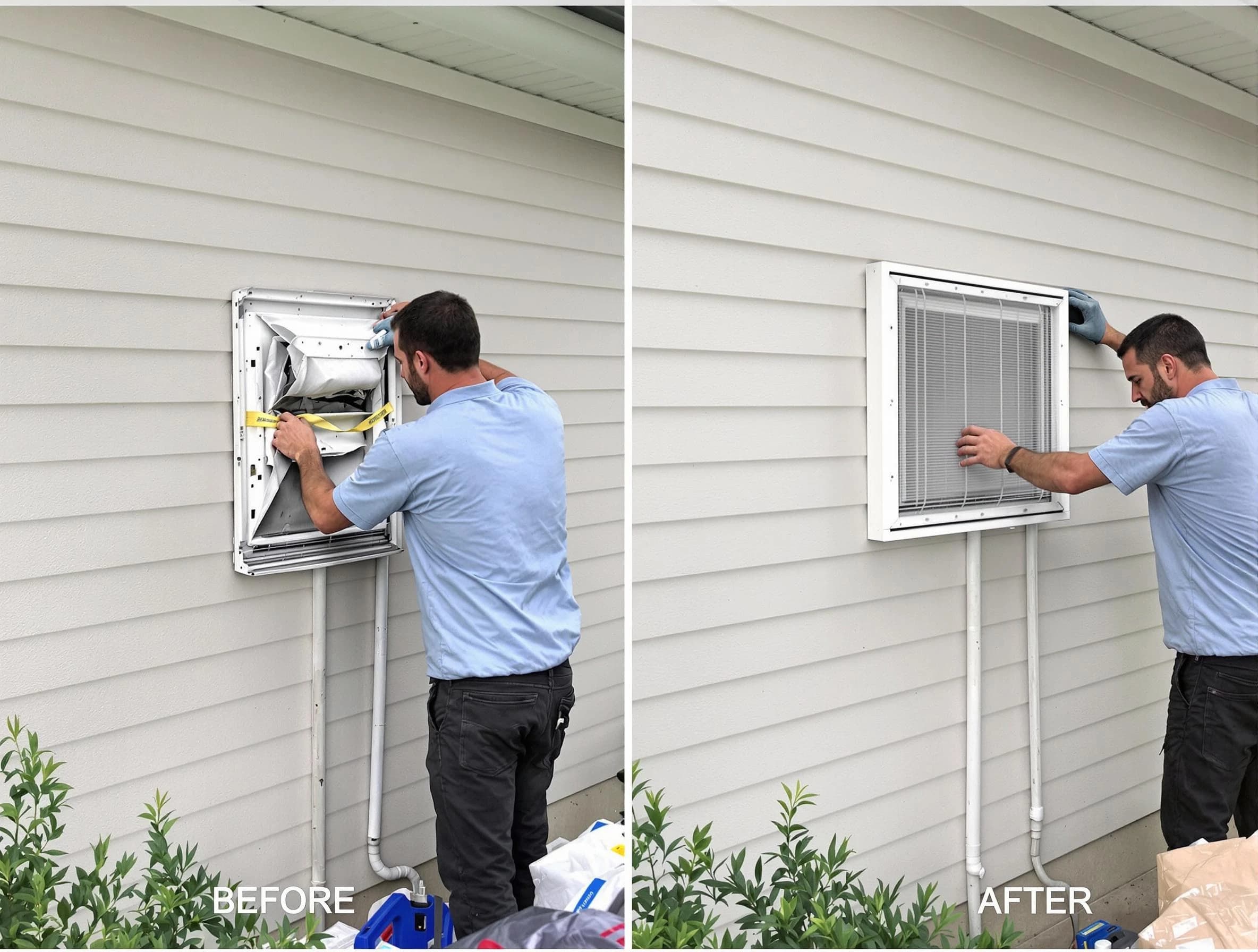 Fairview Dryer Vent Cleaning technician installing high-quality dryer vent cover at a residential property in Fairview